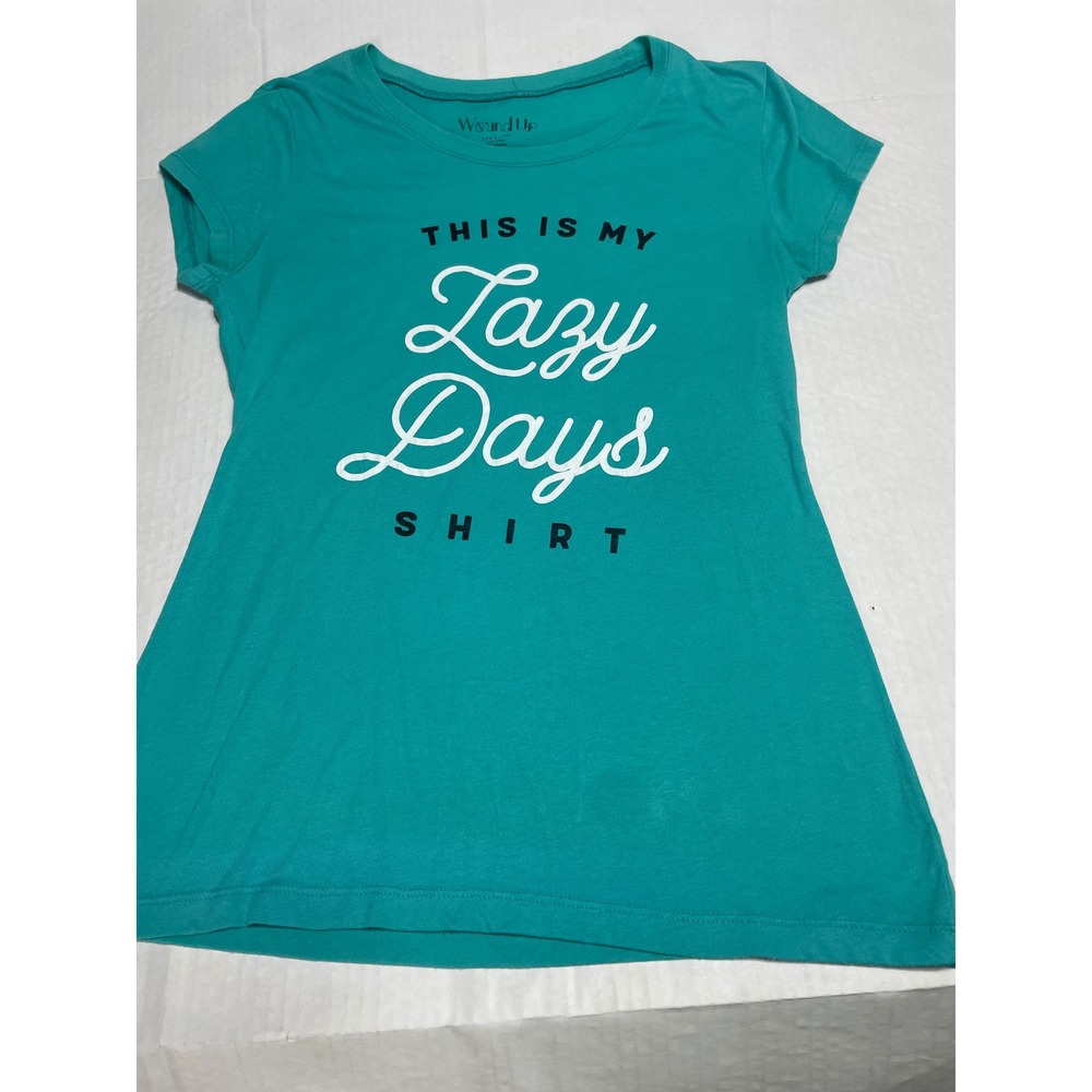 Wound Up Teal Lazy Days Graphic T-Shirt Womens Large L 11-13 Short Sleeve Tee